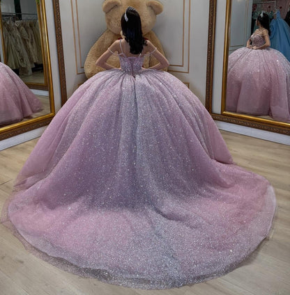 Glittery Tulle Crystal Beaded Pink Quinceanera Dresses Ball Gown Sweet 15 Party Dress HE1357