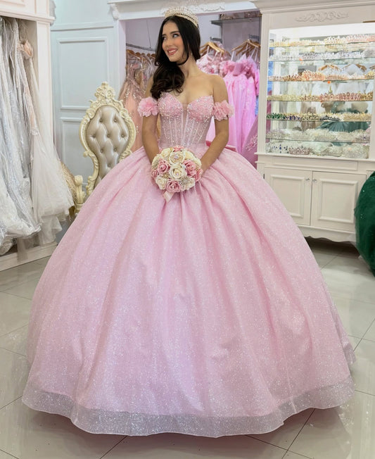 Glittery Tulle Pink Quinceanera Dresses Sequin Beaded Sweet 16 Birthday Party Gowns HE1403