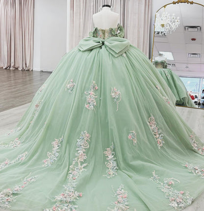 Princess Tulle Appliqued Green Quinceanera Dresses Corset Beaded Photoshoot Dress HE1304