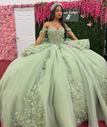 Tulle Appliqued Ruffled Green Quinceanera Dresses Ball Gown Sweet 16 Party Dresses HE1350