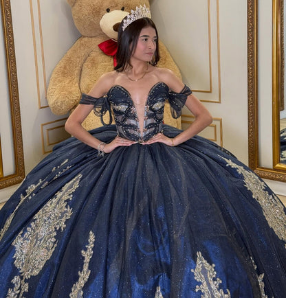 Princess Tulle Lace Appliqued Quinceanera Dresses Off Shoulder Sweet 15 Party Gown HE1356