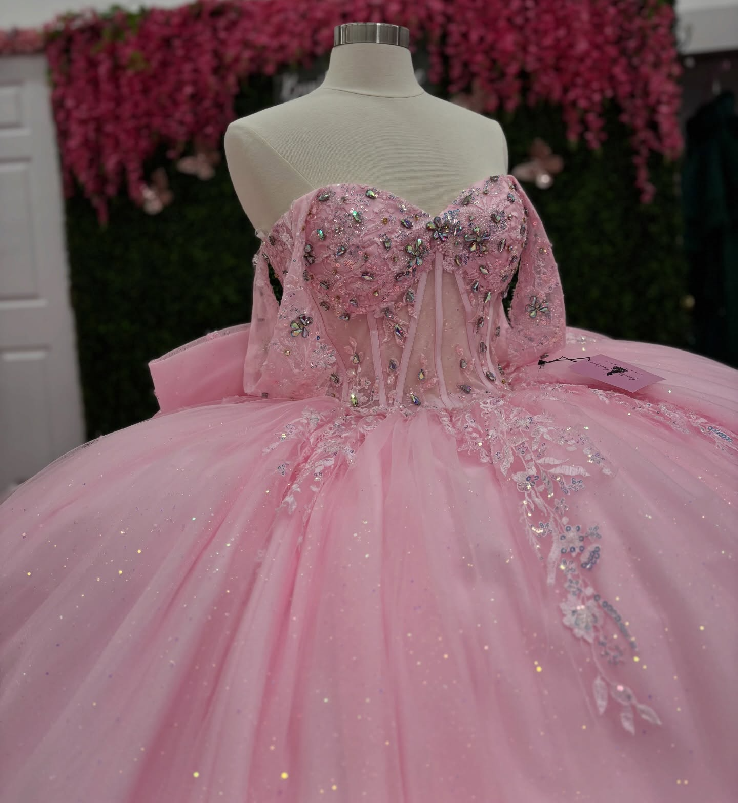 Glittery Tulle Lace Appliqued Pink Quinceanera Dresses Sweet 16 Birthday Party Gown HE1394
