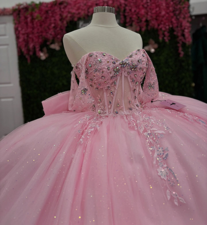 Glittery Tulle Lace Appliqued Pink Quinceanera Dresses Sweet 16 Birthday Party Gown HE1394