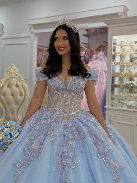 Off Shoulder Princess Quinceanera Dresses Blue Tulle Lace Beaded Party Dress for Sweet 16 HE1228