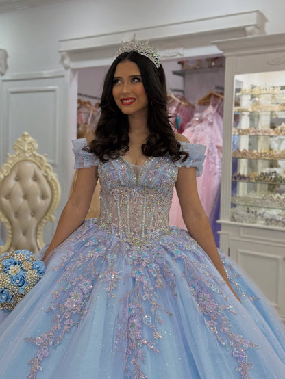 Off Shoulder Princess Quinceanera Dresses Blue Tulle Lace Beaded Party Dress for Sweet 16 HE1228