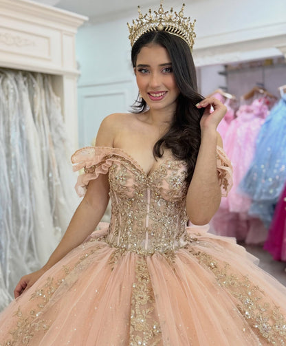 Ball Gown Tulle Corset Quinceanera Dresses Lace Appliqued Sweet 16 Birthday Dress HE1284