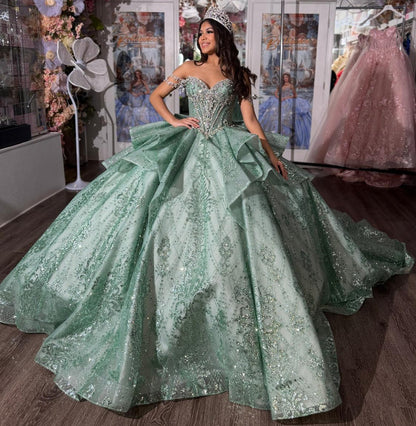 Off Shoulder Lace Beaded Quinceanera Dresses Sweet 15 Ruffled Birthday Party Gowns HE1348