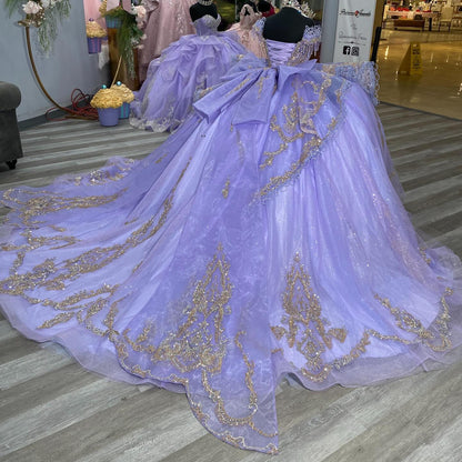Off Shoulder Lace Beaded Lilac Quinceanera Dresses Corset Party Gowns for Sweet 15 HE1307