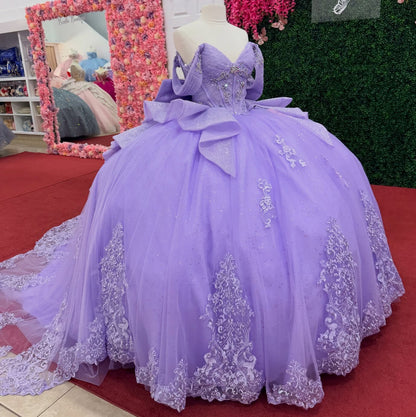Princess Tulle Lace Appliqued Lilac Quinceanera Dresses Sweet 16 Birthday Party Gowns HE1396