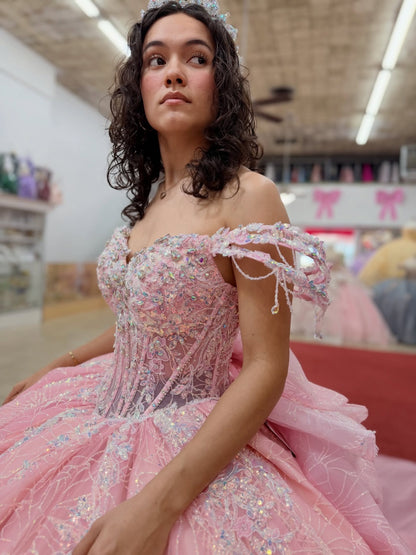 Princess Glittery Tulle Beaded Pink Quinceanera Dresses Sweet 16 Birthday Prom Party Gown HE1414