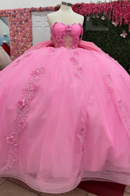 Princess Lace Appliqued Pink Quinceanera Dresses Off Shoulder Sweet 15 Birthday Gown HE1393