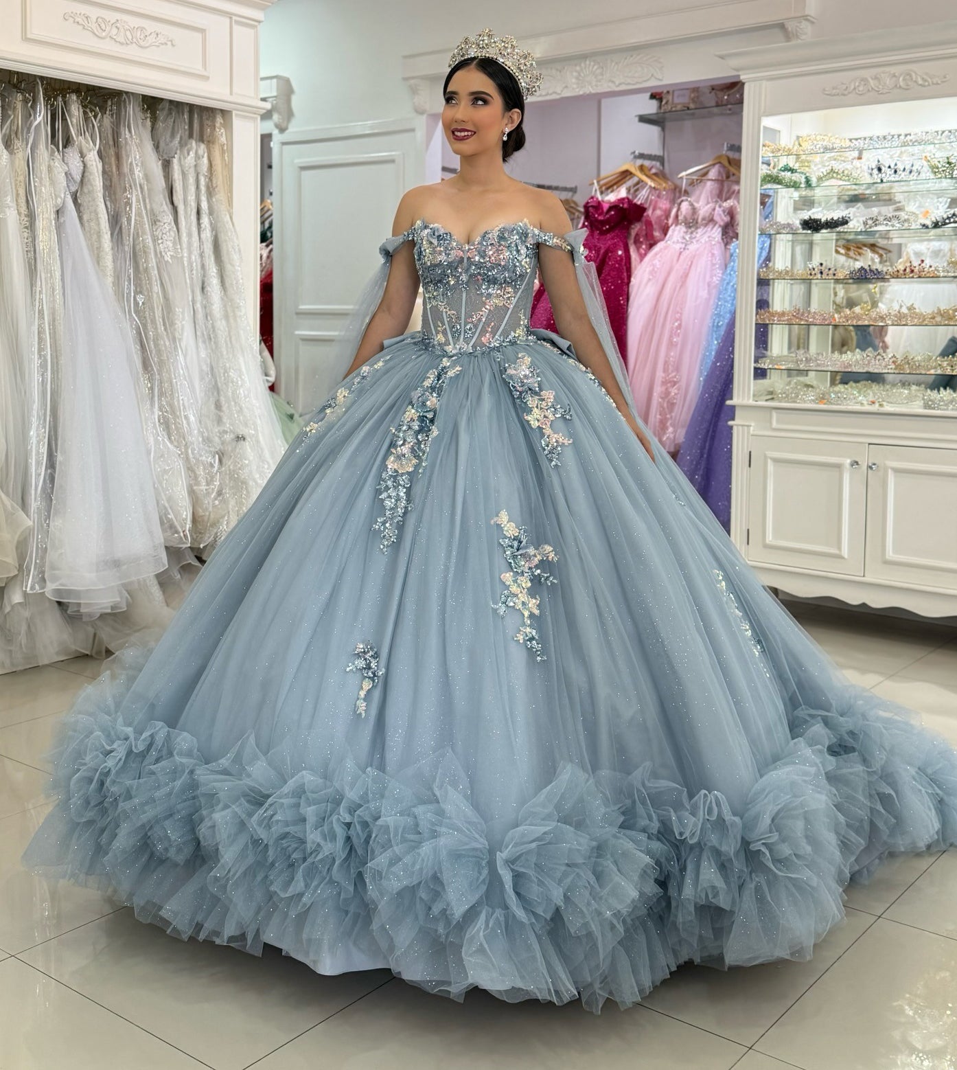 Gorgeous Ball Gown Tulle Ruffled Blue Quinceanera Dresses Off Shoulder Party Gowns HE1231