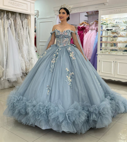 Gorgeous Ball Gown Tulle Ruffled Blue Quinceanera Dresses Off Shoulder Party Gowns HE1231