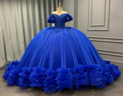 Ball Gown Tulle Ruffled Blue Quinceanera Dresses Crystal Beaded Birthday Party Gowns HE1362