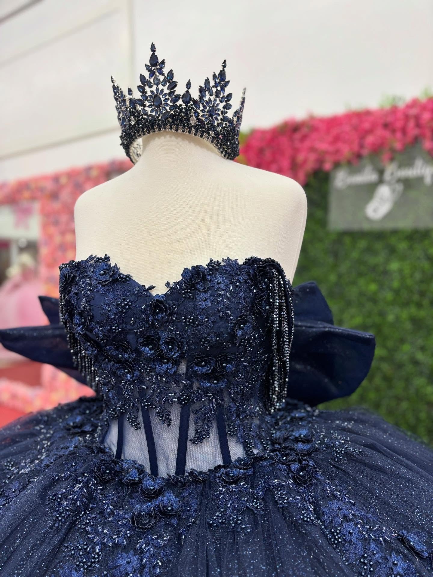Off Shoulder Tulle Appliqued Quinceanera Dresses Navy Ruffled Corset Sweet 16 Party Gowns HE1214