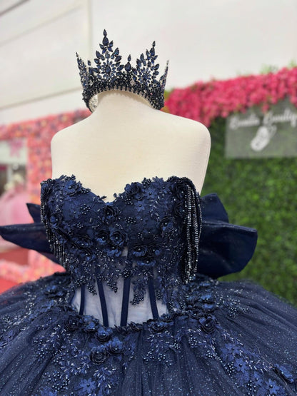 Off Shoulder Tulle Appliqued Quinceanera Dresses Navy Ruffled Corset Sweet 16 Party Gowns HE1214