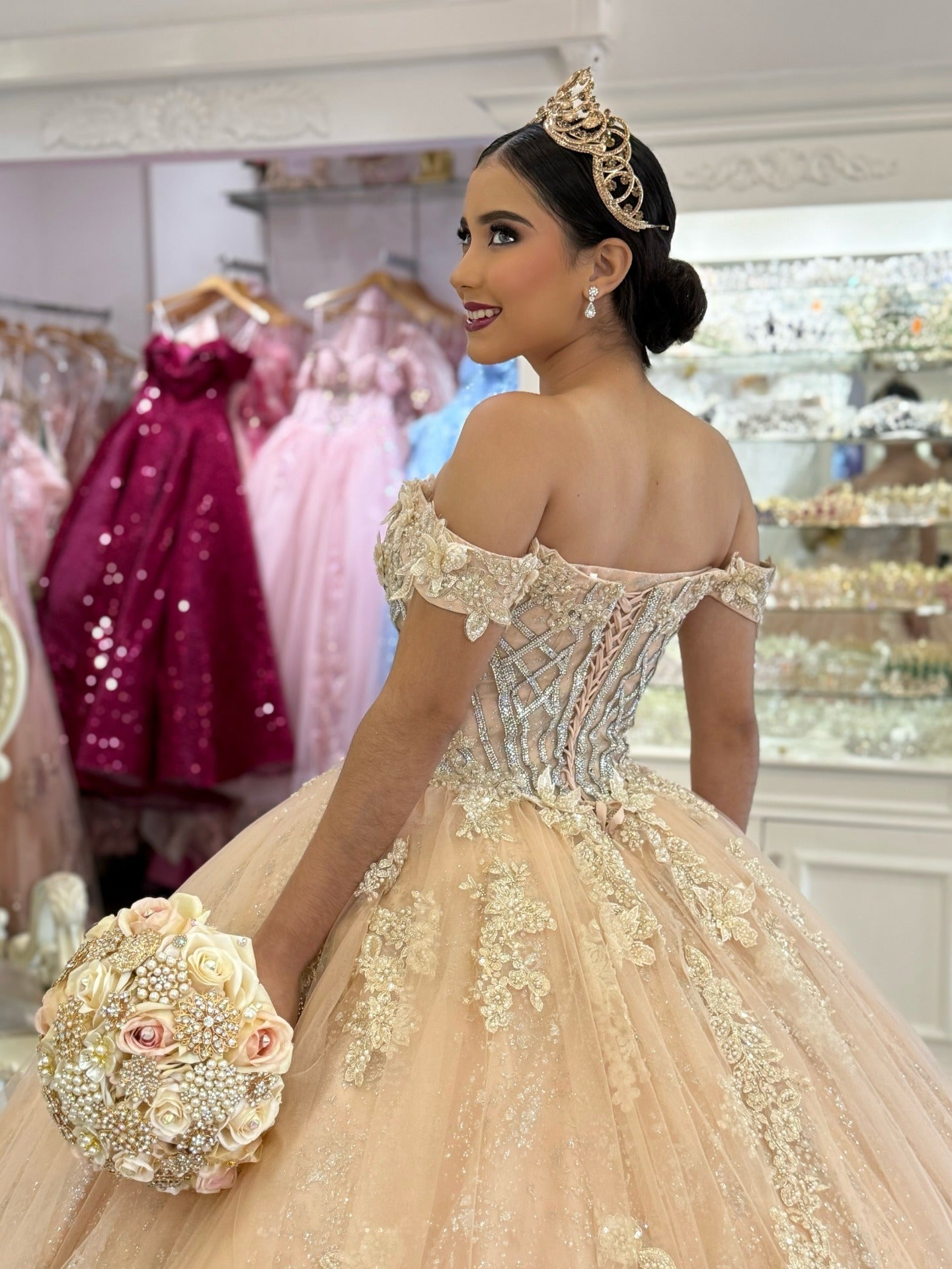 Princess Tulle Lace Appliqued Off Shoulder Champagne Quinceanera Dress