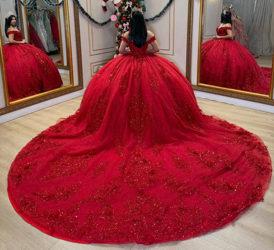 Ball Gown Princess Red Quinceanera Dresses Off Shoulder Sweet 15 Birthday Gowns HE1259