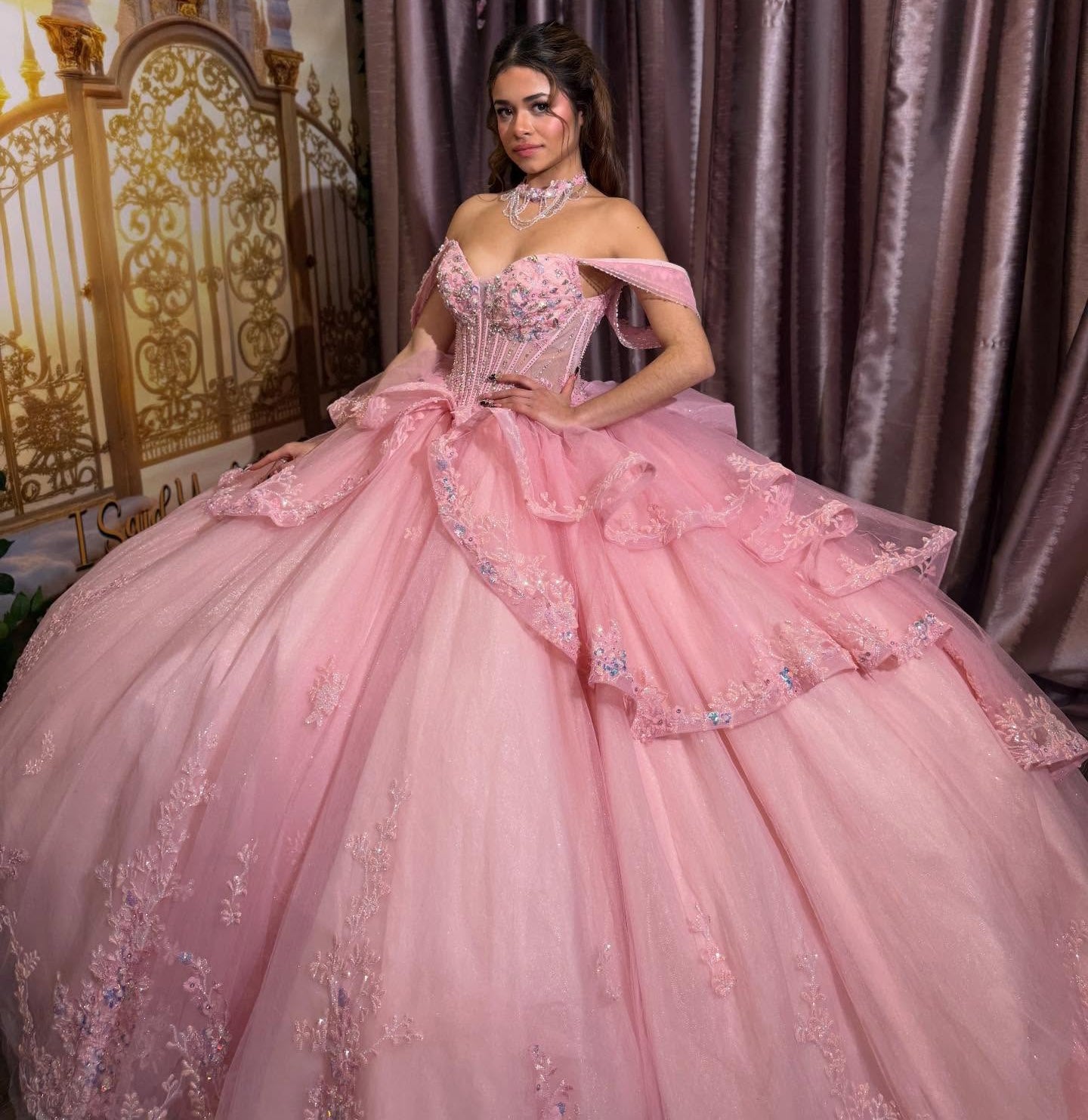 Ball Gown Tulle Lace Pink Quinceanera Dresses Ruffled Corset Sweet 16 Party Gowns HE1349