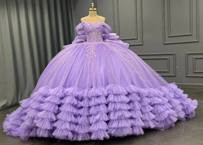 Glittery Tulle Lilac Quinceanera Dresses Appliqued Ruffled Sweet 16 Birthday Gowns HE1363