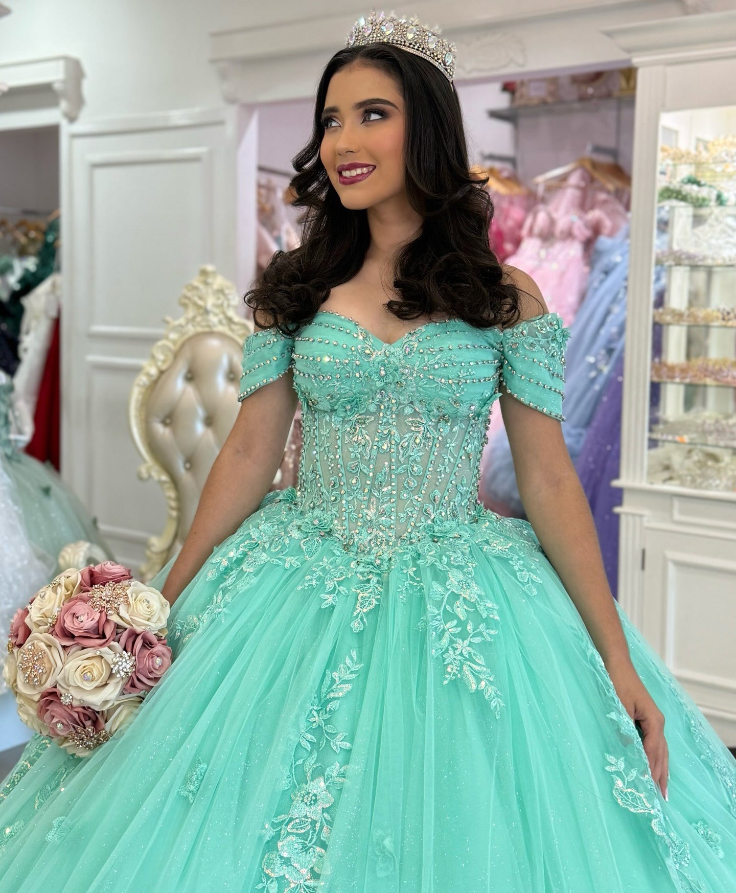 Vestidos de quinceañera con hombros descubiertos, tul princesa, apliques, vestidos de quinceañera HE530