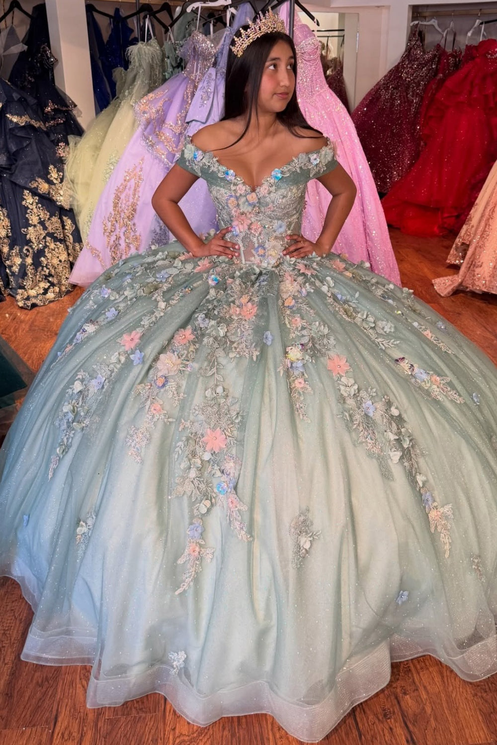 Off Shoulder 3d Flower Green Quinceanera Dresses Princess Sweet 15 Tulle Party Gowns HE1411