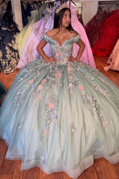 Off Shoulder 3d Flower Green Quinceanera Dresses Princess Sweet 15 Tulle Party Gowns HE1411