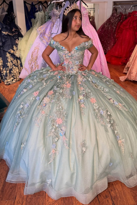 Off Shoulder 3d Flower Green Quinceanera Dresses Princess Sweet 15 Tulle Party Gowns HE1411