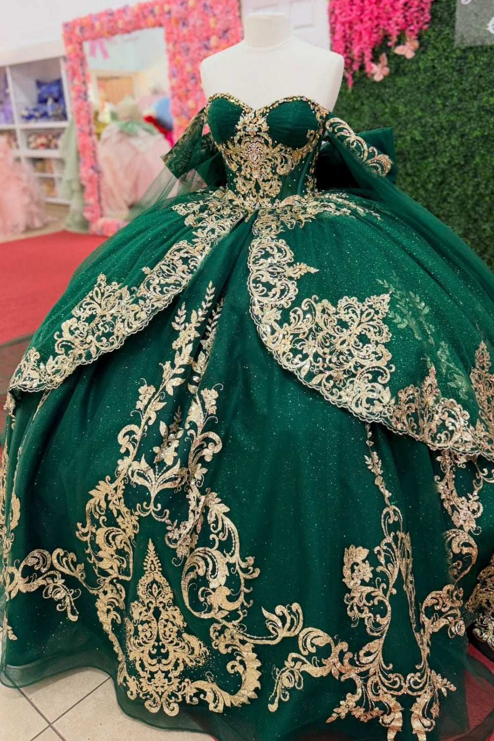 Gorgeous Lace Crystal Beaded Green Quinceanera Dresses Off Shoulder Sweet 15 Party Gown HE1398