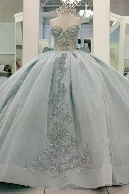 Off Shoulder Glittery Tulle Quinceanera Dresses Lace Beaded Sweet 16 Party Dress HE1211