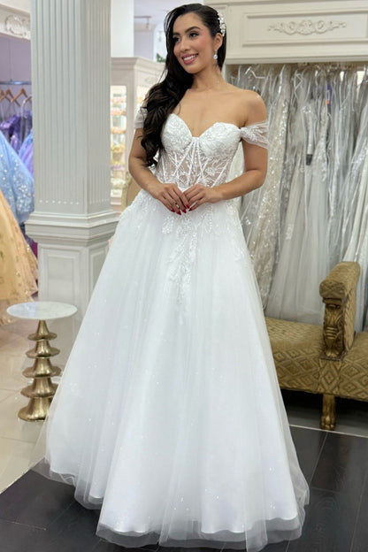 Off Shoulder A Line Wedding Dresses Tulle Lace Appliqued Boho Bride Wedding Gowns HE1346