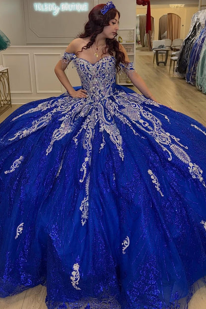 Tulle Appliqued Beaded Blue Quinceanera Dresses Off Shoulder Sweet 15 Party Gowns HE1287