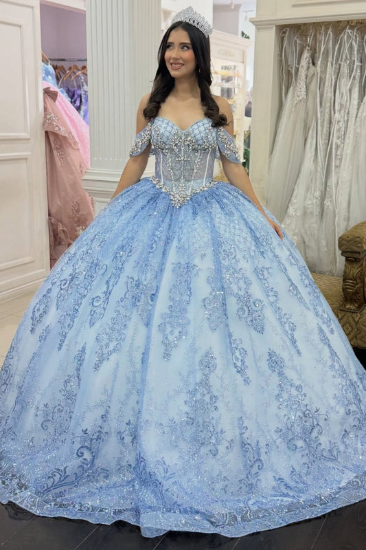 Luxury Crystal Beaded Blue Quinceanera Dresses Off Shoulder Sweet 16 Birthday Gown HE1400