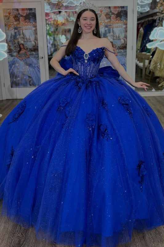 Ball Gown Lace Appliqued Blue Quinceanera Dresses Sweet 15 Off Shoulder Birthday Gowns HE1408