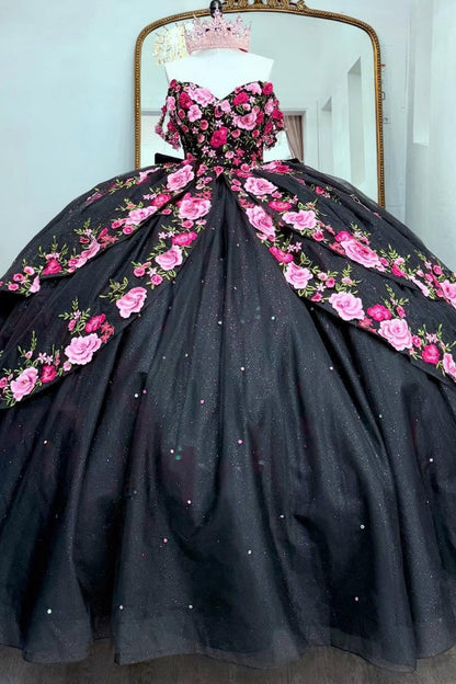 Off Shoulder Tulle 3D Flower Black Quinceanera Dresses Princess Sweet 15 Party Dress HE1294