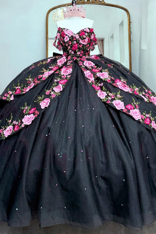 Off Shoulder Tulle 3D Flower Black Quinceanera Dresses Princess Sweet 15 Party Dress HE1294