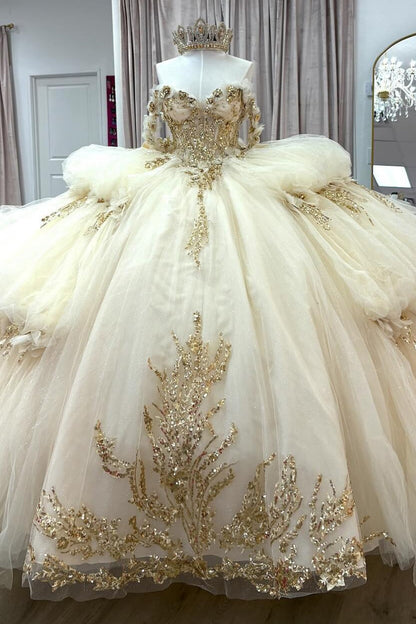 Luxury Champagne Quinceanera Dresses Tulle Tiered Sweet 15 Photoshoot Party Gown HE1305