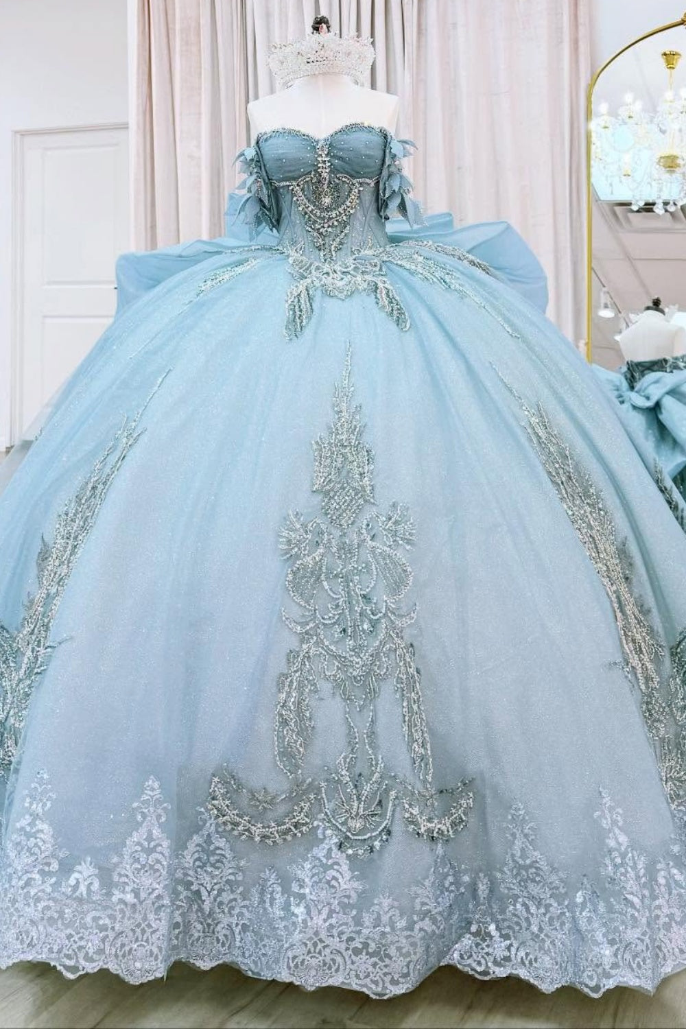 Tulle Lace Appliqued Blue Quinceanera Dresses Sweet 16 Princess Corset Party Gowns HE1292