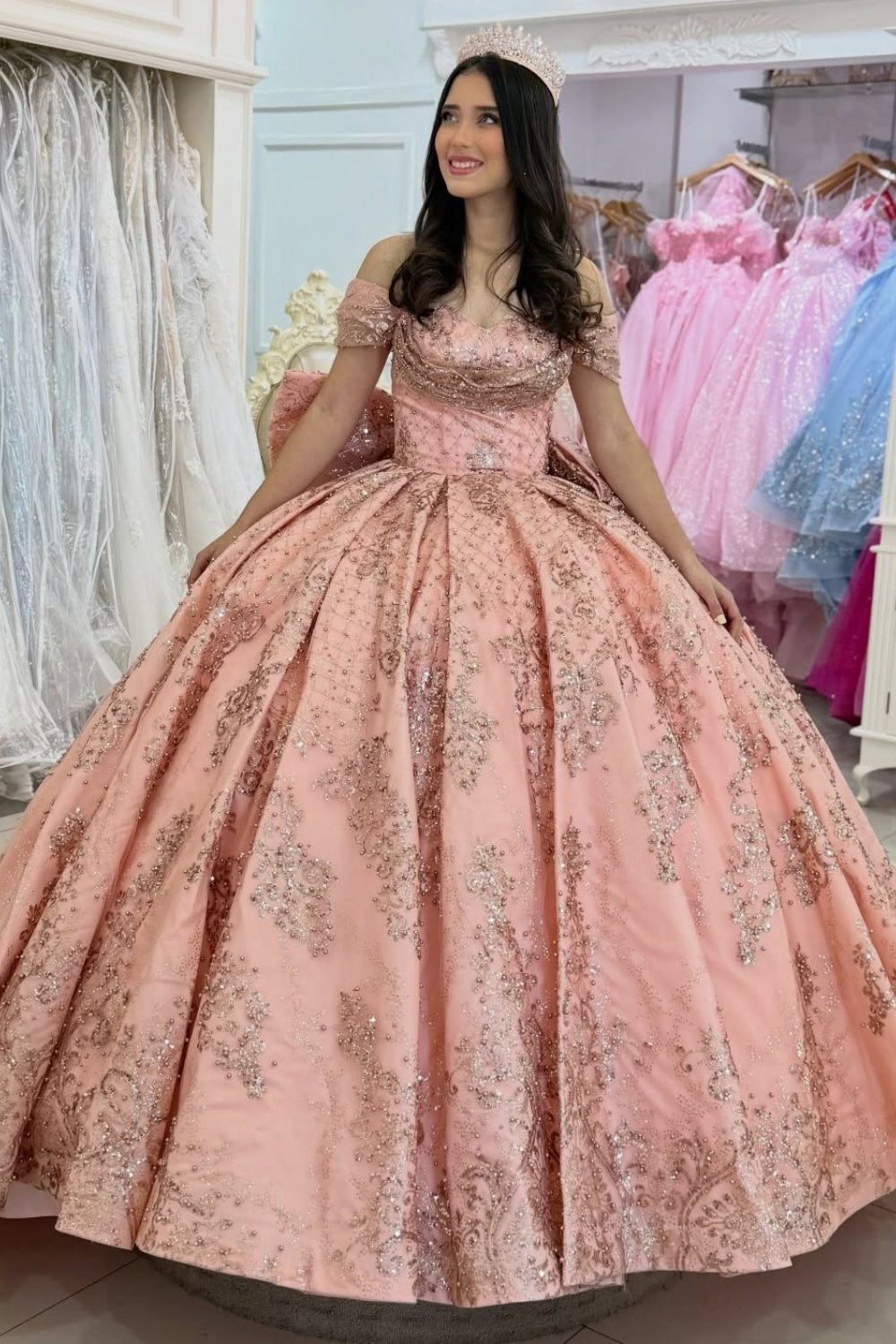 Off Shoulder Luxury Lace Beaded Quinceanera Dresses Tulle Bowknot Sweet 15 Party Dress HE1285