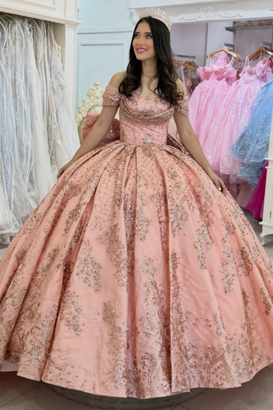 Off Shoulder Luxury Lace Beaded Quinceanera Dresses Tulle Bowknot Sweet 15 Party Dress HE1285
