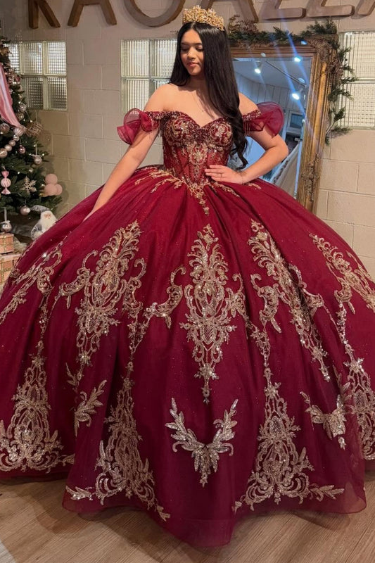 Off Shoulder Lace Appliqued Red Quinceanera Dresses Sweet 16 Party Gowns for Juniors HE1264