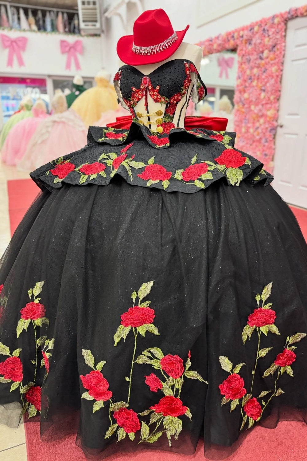 Off Shoulder Glittery Tulle Black Quinceanera Dresses Flowered Sweet 16 Party Gown HE1392