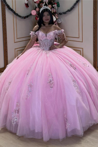 Off Shoulder Princess Sweet 16 Quinceanera Dresses Pink Corset Birthday Party Gowns HE1262