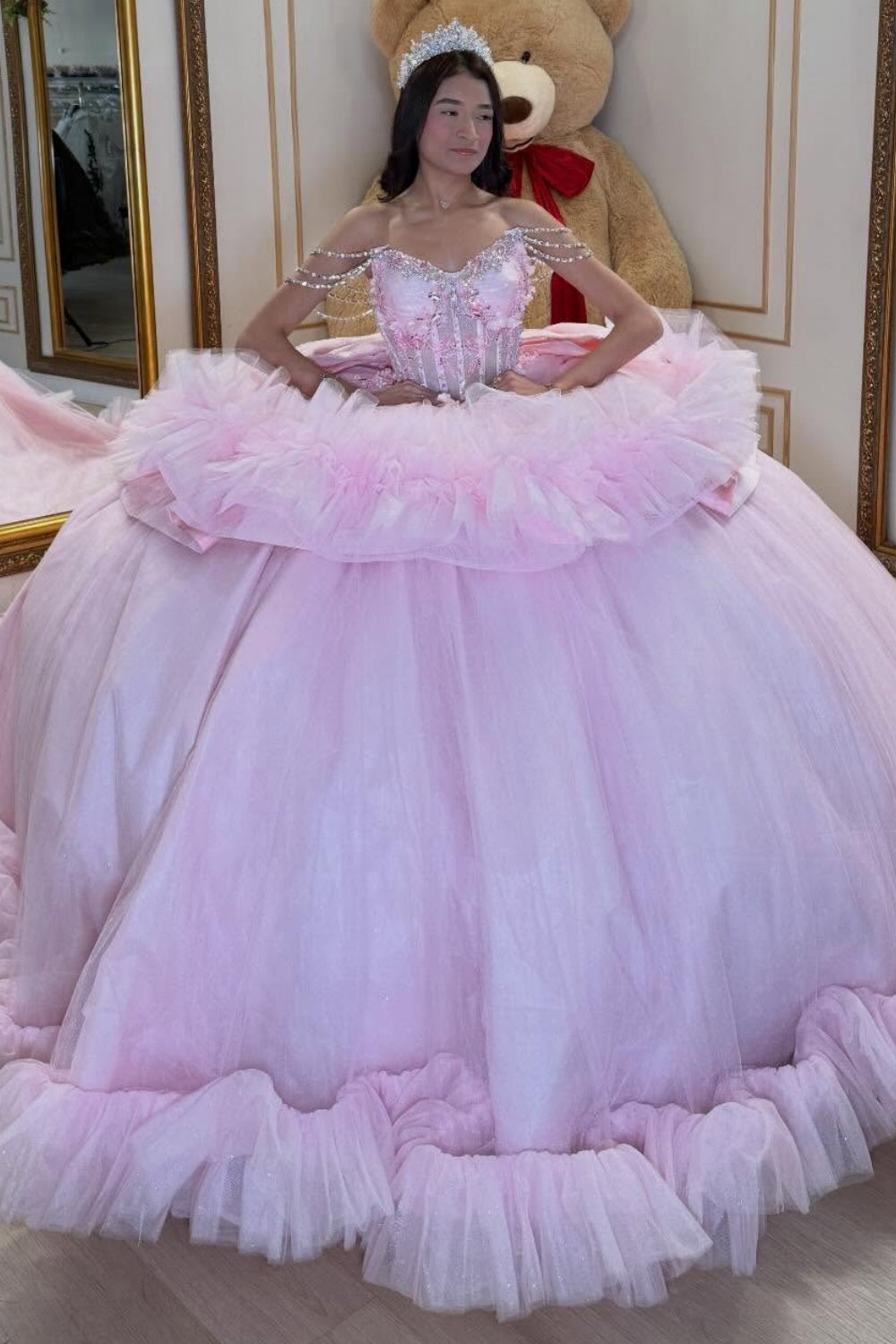 Off Shoulder Pink Quinceanera Dresses Tulle Beaded Corset Sweet 16 Party Gowns HE1353