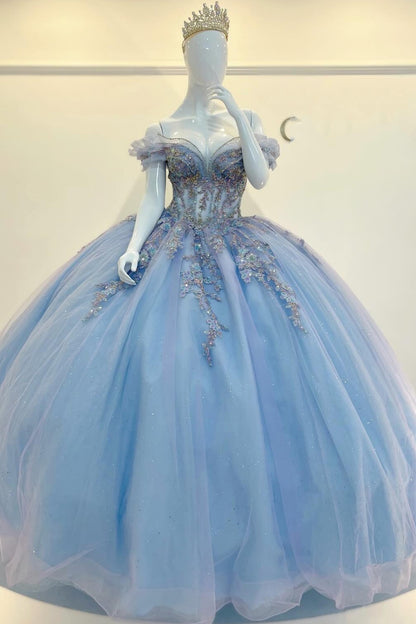 Off Shoulder Tulle Lace Appliqued Quinceanera Dresses Sweet 15 Princess Party Gowns HE1384
