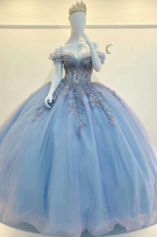 Off Shoulder Tulle Lace Appliqued Quinceanera Dresses Sweet 15 Princess Party Gowns HE1384
