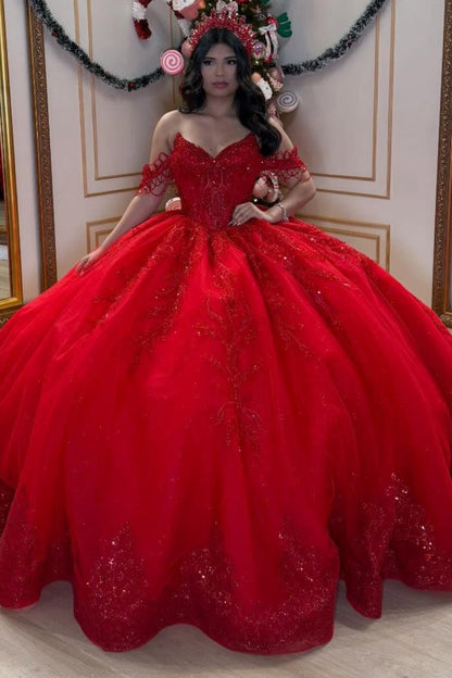 Off Shoulder Princess Red Quinceanera Dresses Ball Gown Sweet 15 Birthday Dress HE1261
