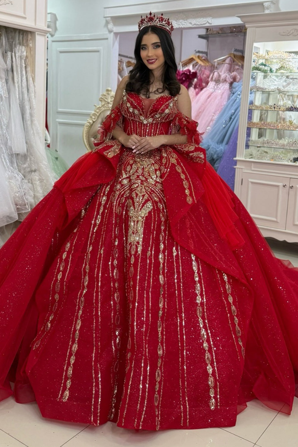 Princess Red Quinceanera Dresses Off Shoulder Lace Beaded Sweet 16 Party Gowns HE1263