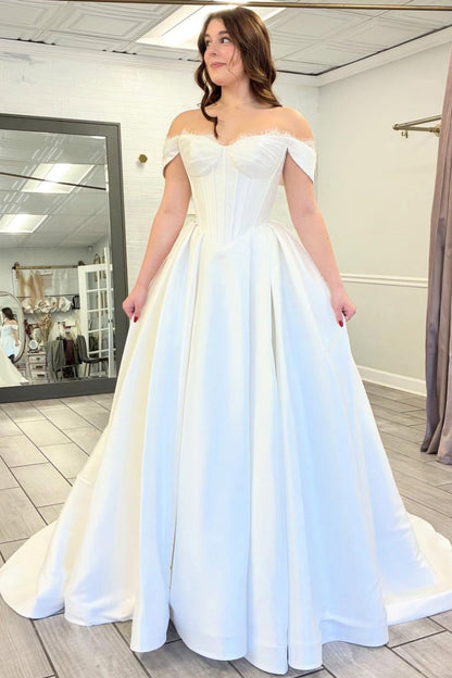 Off Shoulder Satin Wedding Dresses A Line Boho Sweetheart Wedding Gowns for Bride HE1428