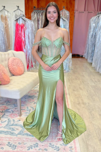 Off Shoulder Mermaid Satin Crystal Beaded Long Prom Dresses with Slit HE1468